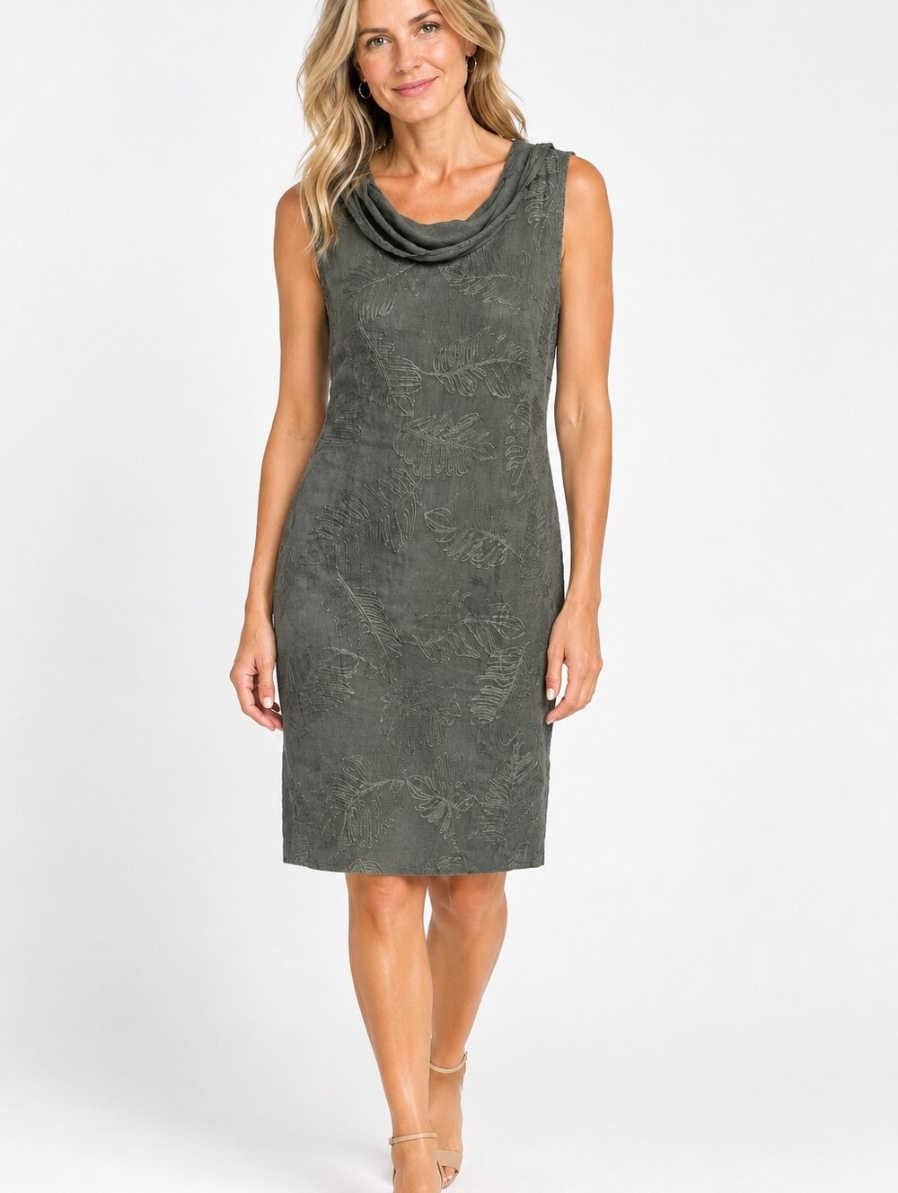 Lina Tomei (Italy) Gray/Olive Green Linen Embroidered Shift Midi Dress, L
